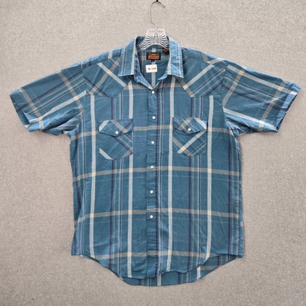 VINTAGE Western Fashions Men Button‎ Up Shirt L Blue Plaid Pearl Snap